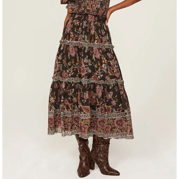 SEA New York Skirt Womens XS Tess Tiered Pull-On Midi Black Floral  Lined - Picture 1 of 12